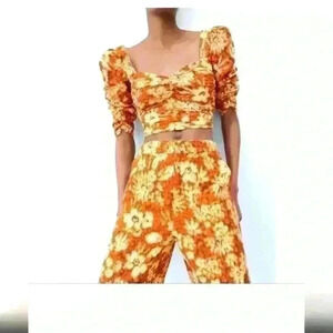 Zara Floral Print Yellow & Orange Linen Cotton Cropped Top  - size small NWT